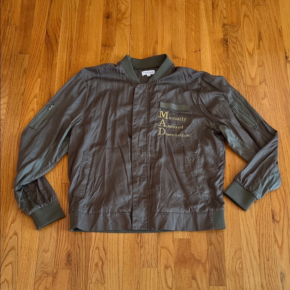 Five Four Los Angeles *RARE* Olive Green Light Bomber Jacket w/ Embroidered Text